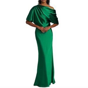 Amsale Emerald Satin One-Shoulder Evening Gown